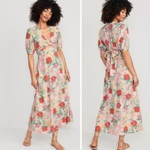 Old Navy Floral Linen Blend Maxi Dress Size 3X Puff Sleeve Wrap Tropical